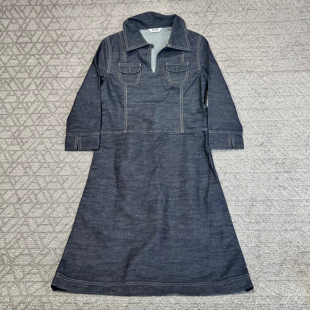 Vintage Tu-Tu A-Line Denim Dress Dark‎ Wash Collared 3/4 Sleeve Thick fabric